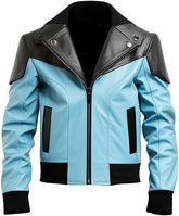 Men's Sky Blue and Black Genuine Sheepskin Lapel Collar Bomber Leather Jacket